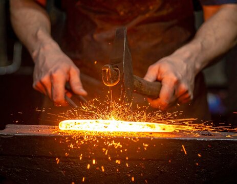 A skilled blacksmith forging red-hot metal with a hammer and tongs creating a beautiful shower of
