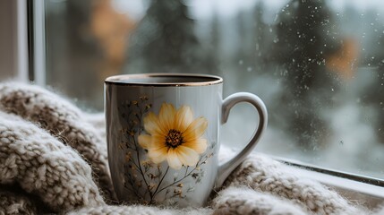 A warm cup of tea rests on a cozy knitted blanket near a rain splattered window on an overcast day creating a serene atmosphere.