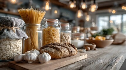Organic food ingredients on rustic wooden countertop in a bright kitchen with bread, pasta, garlic and grains in glass jars are displayed.