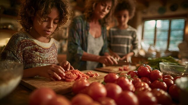 A loving mother teaches her children to cut tomatoes for a delicious meal in their cozy rustic kitchen at home on a sunny afternoon.