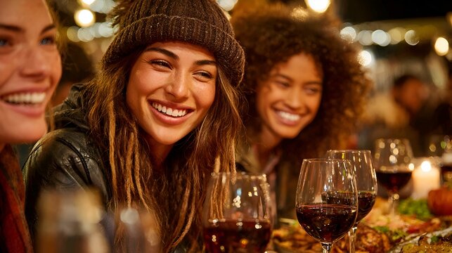 Three diverse and happy young women share a meal together at a festive gathe with wine glasses and warm lighting in the evening outdoors.