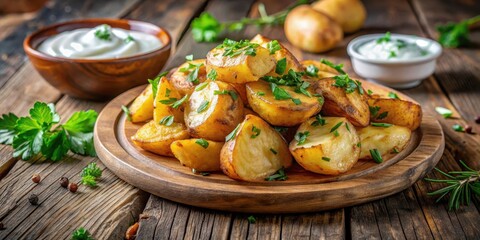 Crispy golden fried potatoes on a wooden table, garnished with fresh herbs and a dollop of sour cream , home cooking, gourmet potatoes