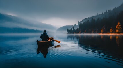 A lone man rows a canoe across a calm lake with misty mountains and evergreen forest in the background on an overcast atmospheric day.