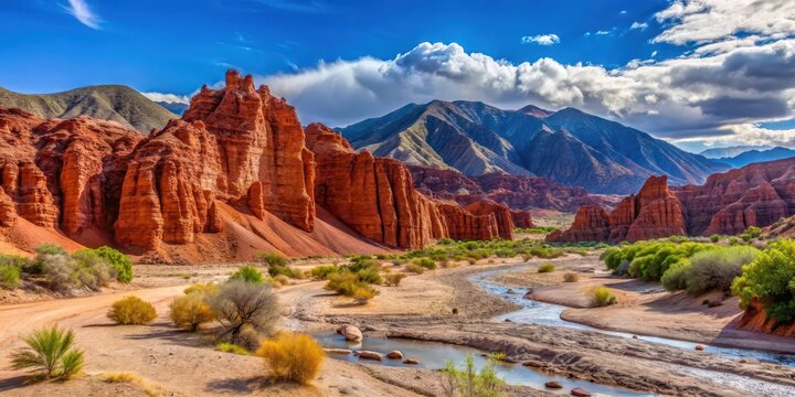 Vibrant red rock formations in Quebrada de Cafayate amidst a dry riverbed, desert scenery, natural landscape
