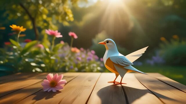 Little Bird on Wooden Table in Sunlit Garden