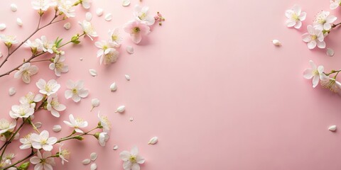 Fototapeta premium Soft pink pastel background with a few scattered white flowers, pastel hues, blossoms on white background