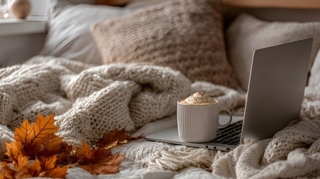 Warm autumn vibes invite you to snuggle in bed with a coffee and laptop for a cozy morning of relaxation and productivity this season.