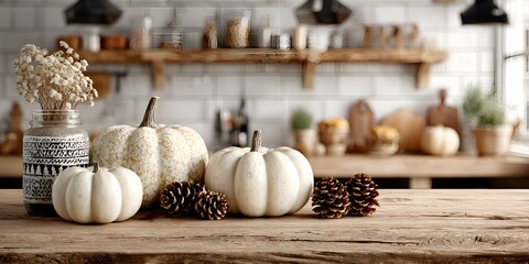 White pumpkins with pinecones and dried flowers create a cozy autumn aesthetic in a rustic farmhouse kitchen setting with a wooden table.
