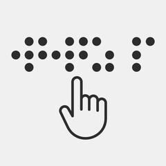 Outline Icon of Braille Interaction: A Clean, Modern Graphic Depicting a Hand Line Art Pointer Touching a Braille Word on a Light Gray Background, Highlighting Digital Accessibility and Reading