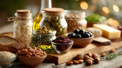 An assortment of healthy Mediterranean diet staples including nuts, olives, seeds, oil and cheese is displayed on wooden board.