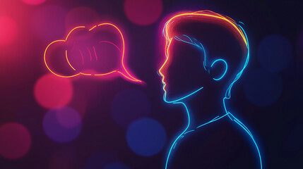 Expressive neon thought bubble beside outlined face, perfect for communication concepts and modern tech themes, vibrant and eye catching design element