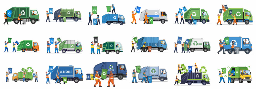 Sanitation workers collecting sorted waste and recycling bins using diverse garbage trucks, illustrating modern waste management and environmental service concepts.