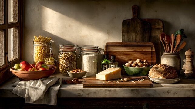 Still life composition showcases ingredients and utensils in a rustic kitchen with warm sunlight pou through the adjacent window so naturally.