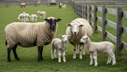 Obraz premium Sheep Family Grazing in a Green Pasture.