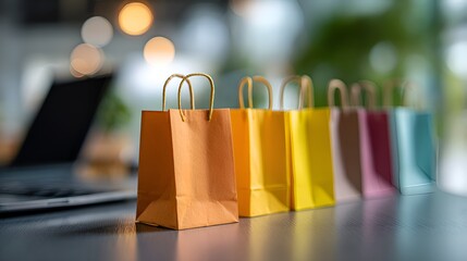 Several colorful shopping bags line a gray desk next to a blurred laptop computer suggesting online shopping and commerce at home or office.