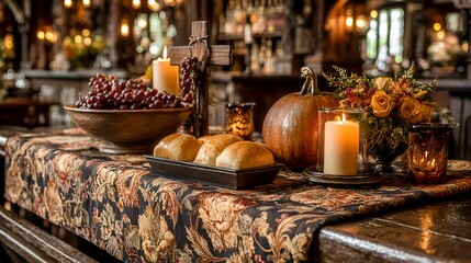 A rustic autumn harvest celebration table display presents a warm Thanksgiving ambiance with decorative gourds and candles in a cozy setting.