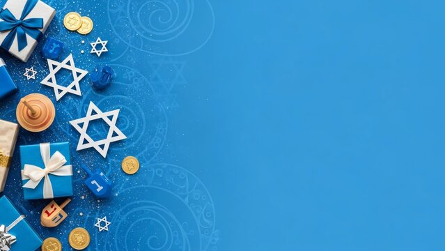 Hanukkah Gifts Background Blue Celebration Jewish Holiday Stars of David Dreidel Gold Coins Festive Scene