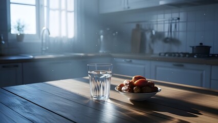 Close-up of a glass of fresh water and a bowl of dates (kurma) on a rustic wooden table in a sunlit, blurred kitchen. Perfect for Iftar, Ramadan, healthy eating, or breaking a fast