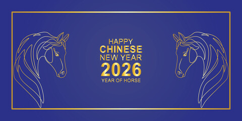 Chinese New Year frame on blue and golden horse. Year of horse border illustration