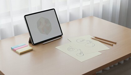 Modern digital tablet with graphic sketches beside pencils and sticky notes on a clean wooden desk. Symbol of creativity, digital art, productivity, and minimalist workspace aesthetics.
