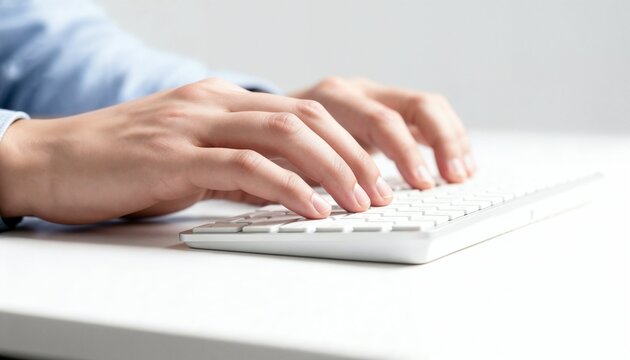 Close-up of human hands typing on a white wireless keyboard in a bright minimalist office environment. Concept of technology, productivity, communication, and modern digital work.