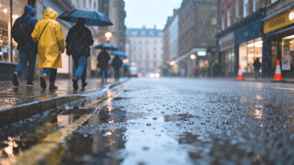 Wet city street at night with bright reflections from street lamps and passing vehicles during rainfall.
