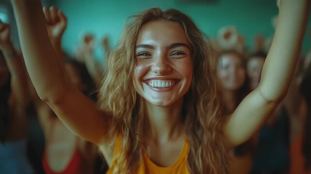 Joyful celebration with enthusiastic crowd in background