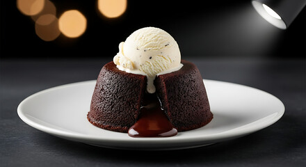 Chocolate dessert with vanilla ice cream topping