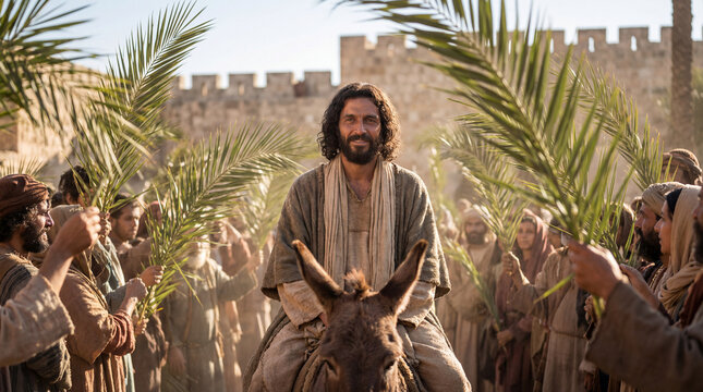  Jesus Christ Riding a Donkey into Jerusalem: The Triumphal Entry and Palm Sunday Biblical Scene with Crowd Waving Palm Branches