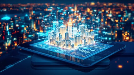 Smart city on tablet with connection and modern buildings hologram