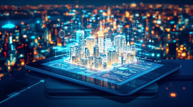 Smart city on tablet with connection and modern buildings hologram