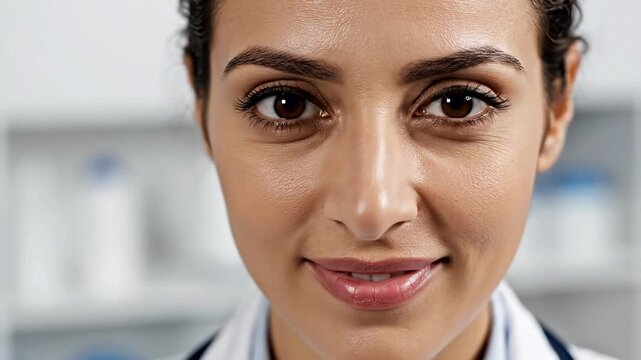 Close up portrait of a friendly female doctor smiling at the camera.