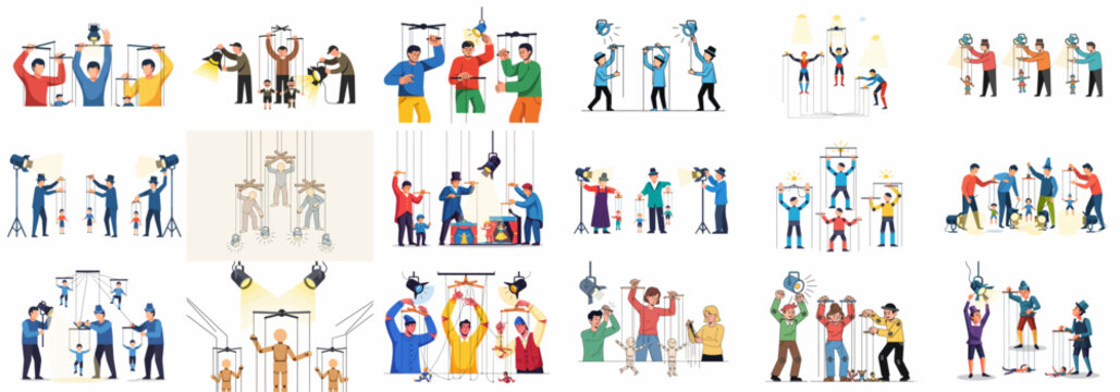 Diverse set of puppeteers controlling marionettes under stage lights, depicting theater performance, manipulation, and art collection.
