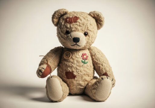 A well loved vintage teddy bear with visible patches and a stitched flower sitting patiently against a soft neutral background