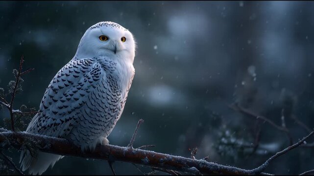 Snowy Owl Perched in Dark Forest with Falling Snow and Soft Blue Lighting