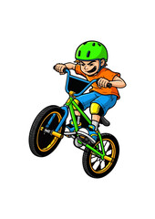 Fototapeta premium Cartoon illustration of a young boy doing a wheelie on a BMX bike.