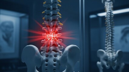 Anatomical model of the human lumbar spine with a glowing red highlight indicating severe pain or injury in the lower back region, set against a medical background.