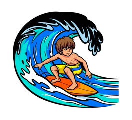 Young surfer riding a wave with surfboard in the ocean.
