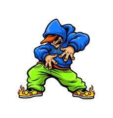 Cool hip hop dancer in blue hoodie and green pants posing.