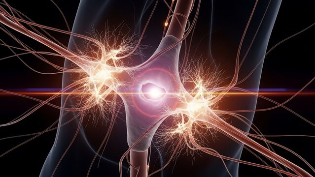 Detailed illustration of active neurons and neural network connections in the human body.