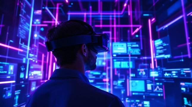 Man Wearing Virtual Reality Headset Looking at Digital Interface