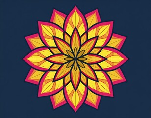 Vibrant multilayered floral mandala pattern with warm colors on a dark blue background abstract art
