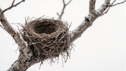 Birds Nest on a Branch in Winter, Close-up View.