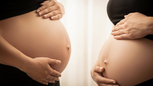 Two pregnant women displaying their bellies, side by side, in a close-up shot.