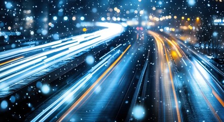 Night city light trails with falling snow on urban road. Traffic motion blur creating abstract patterns in metropolitan street during winter evening.