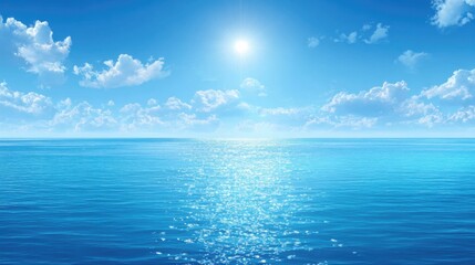 Obraz premium Bright sun over calm blue ocean with white clouds creating beautiful sea landscape with sunlight reflection 