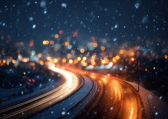 Night snow falling over curved road with light trails and bokeh effects. Winter city scene with automotive motion blur creating colorful patterns.