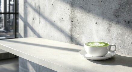 Matcha latte coffee with beautiful foam art in white cup on concrete table. Minimalist modern interior with natural sunlight streaming through window.