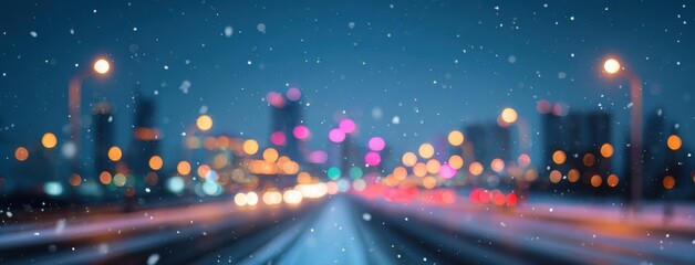 Snow falling over city lights at night with beautiful winter scene featuring colorful bokeh lights creating magical atmosphere	