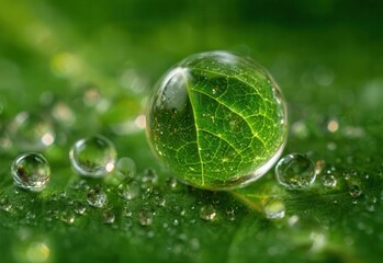 Water drops on green leaf with macro close-up showing transparent droplets reflecting leaf texture and natural light	